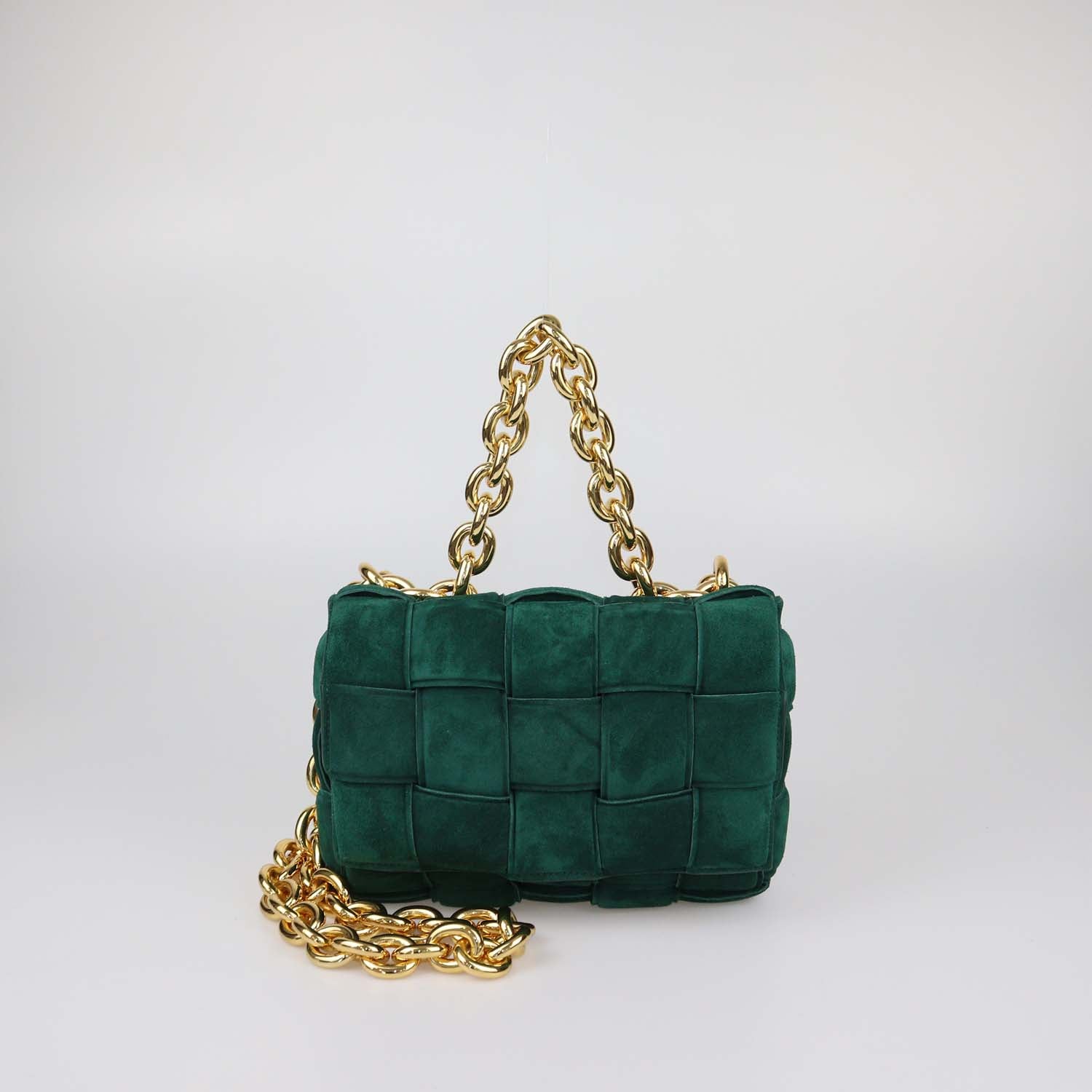 Bottega Veneta Green Intreccio Suede Padded Cassette Chain Bag