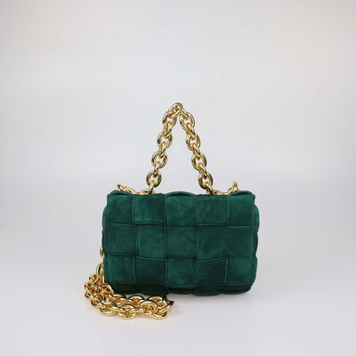Bottega Veneta Green Intreccio Suede Padded Cassette Chain Bag