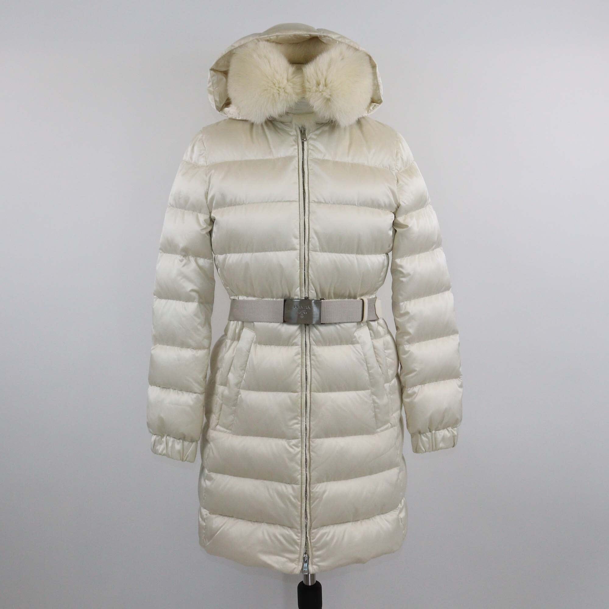 Prada Pearl White Fur Trimmed Hooded Zip Front Down Jacket Womens Prada 