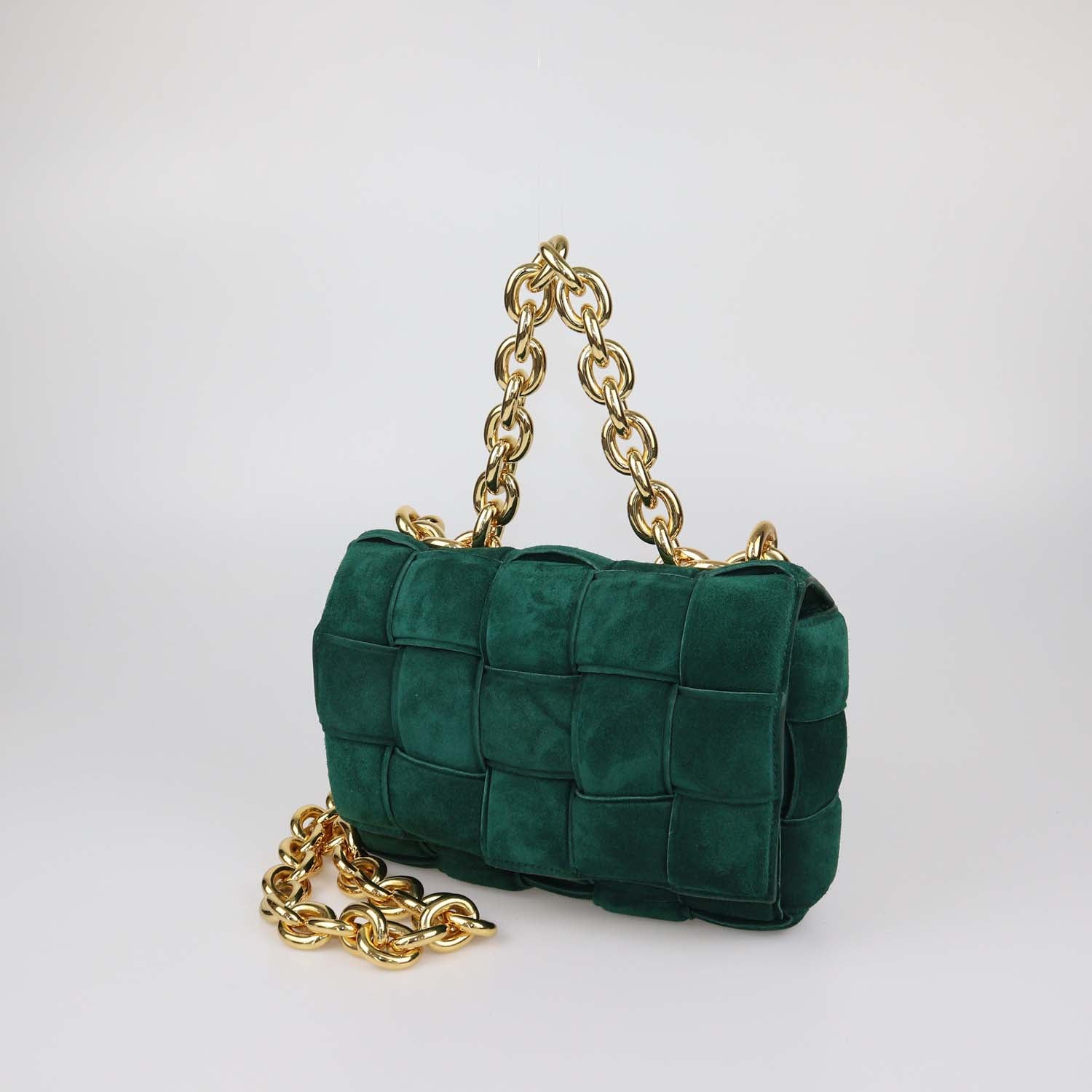 Bottega Veneta Green Intreccio Suede Padded Cassette Chain Bag