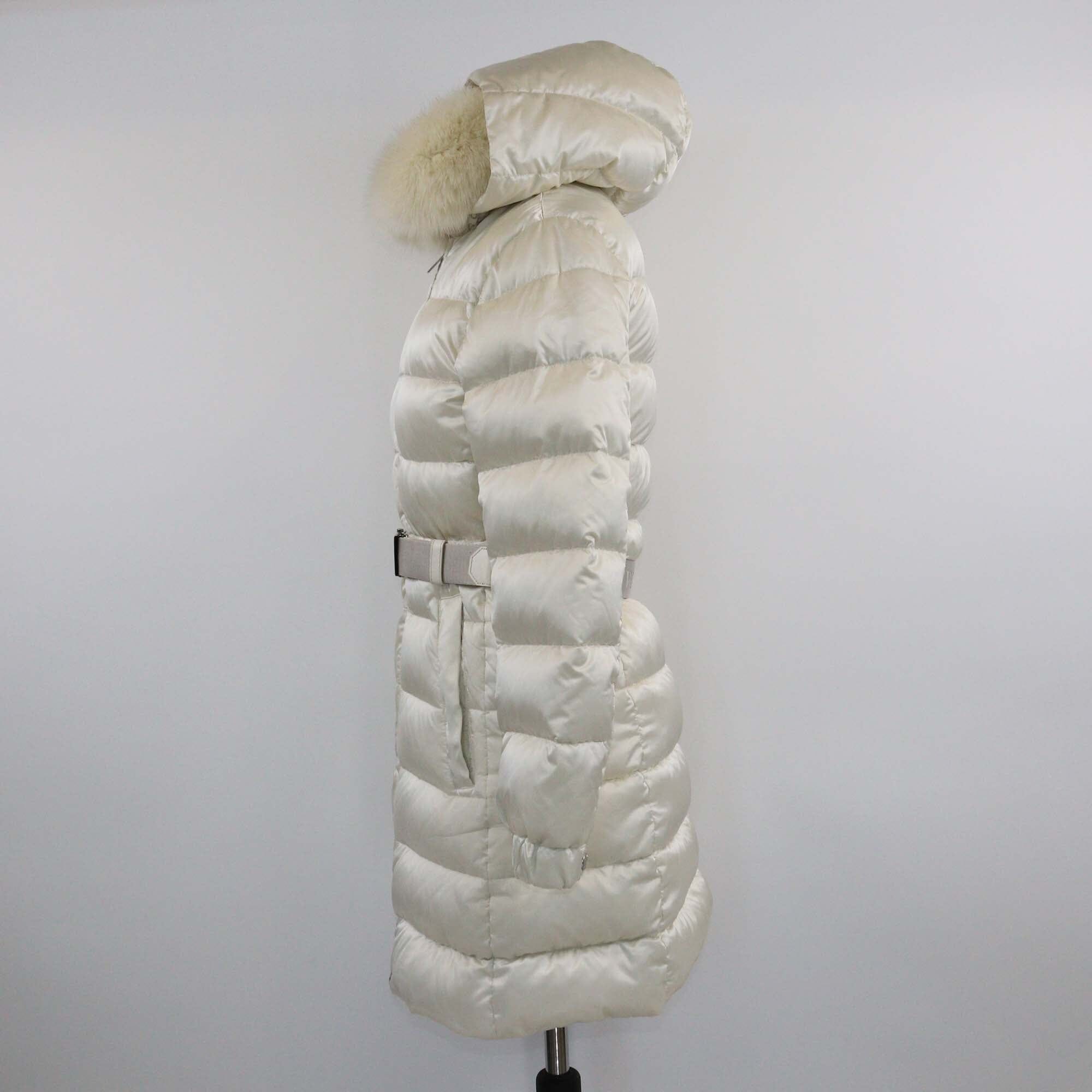 Prada Pearl White Fur Trimmed Hooded Zip Front Down Jacket Womens Prada 