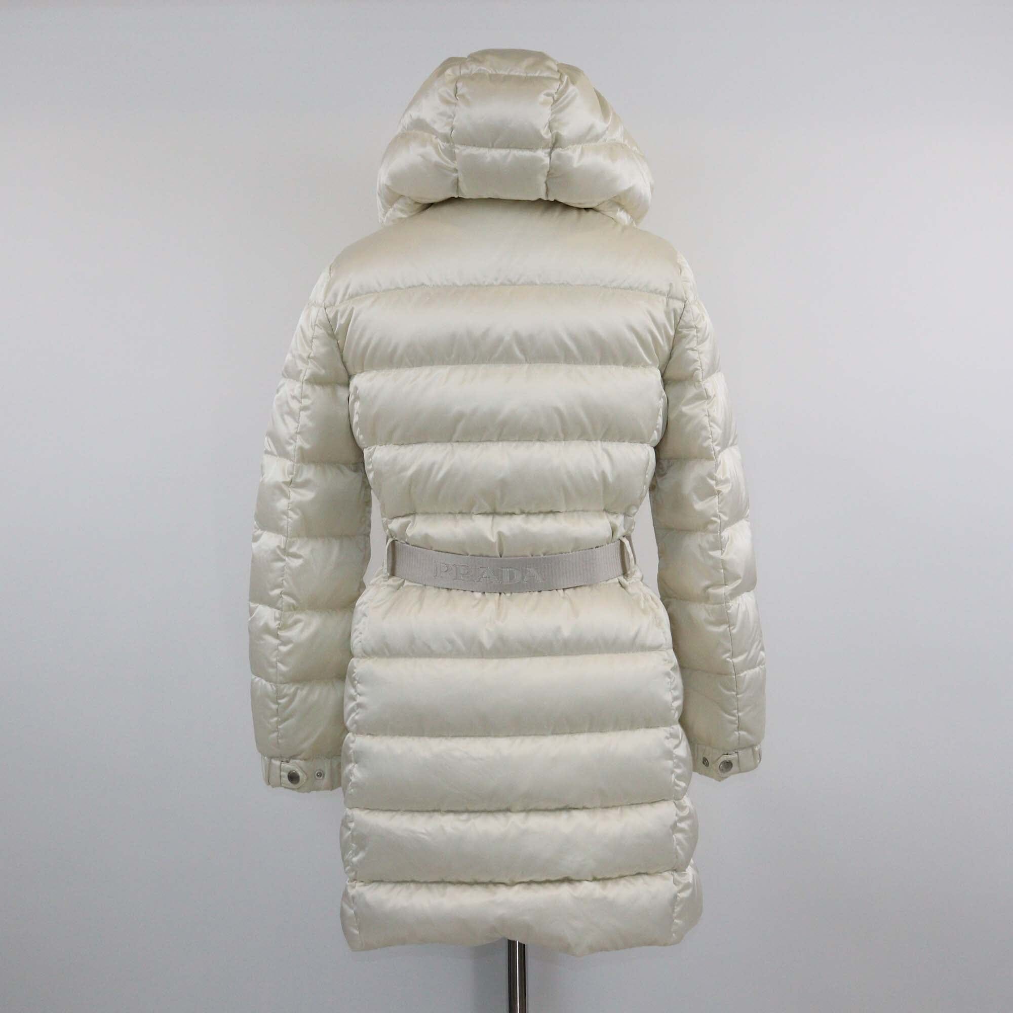 Prada Pearl White Fur Trimmed Hooded Zip Front Down Jacket Womens Prada 