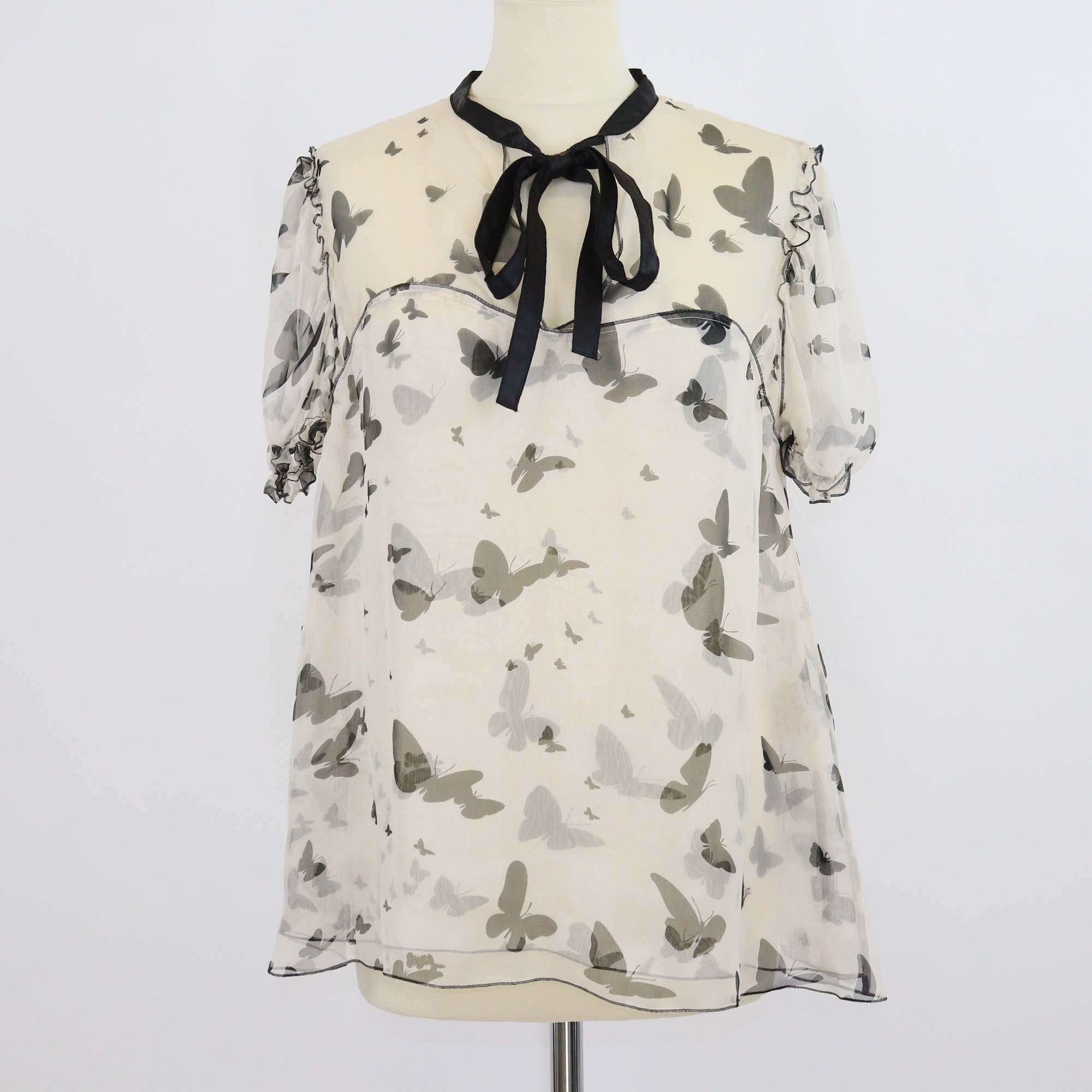 D&G Light Beige/Black Silk Butterfly Print Sheer Bow Detail Top