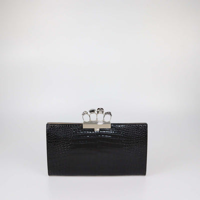 Alexander McQueen Black Croc Embossed Leather Skull Knuckle Clutch
