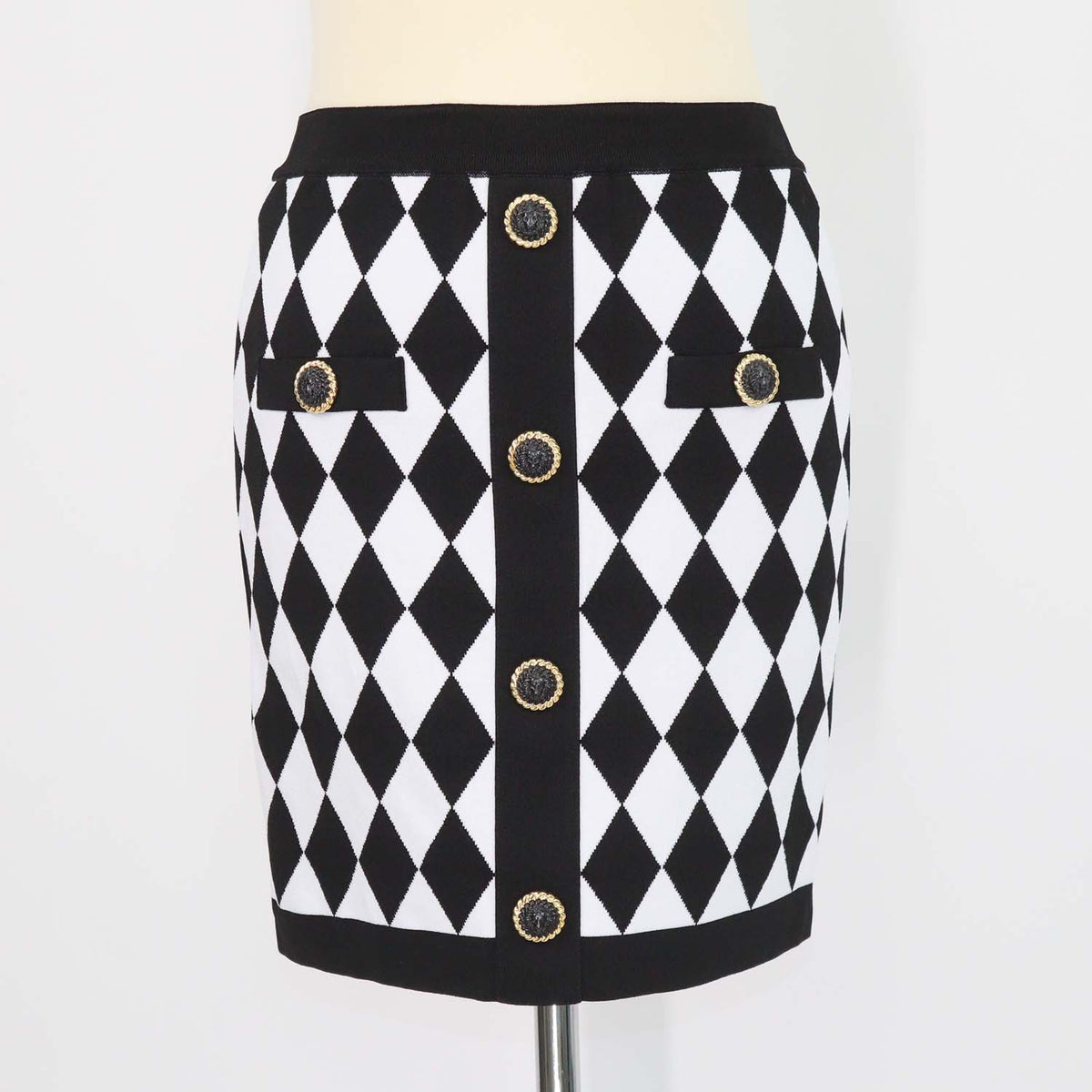 Balmain Black, White Blend Viscose Diamond Pattern Knit Mini Skirt