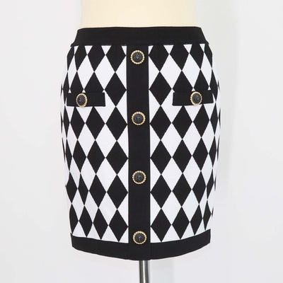 Balmain Black, White Blend Viscose Diamond Pattern Knit Mini Skirt