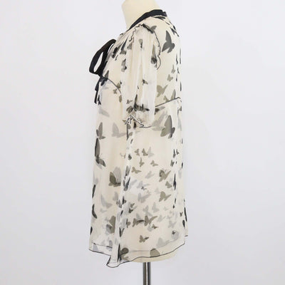 D&G Light Beige/Black Silk Butterfly Print Sheer Bow Detail Top
