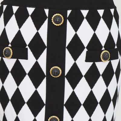 Balmain Black, White Blend Viscose Diamond Pattern Knit Mini Skirt