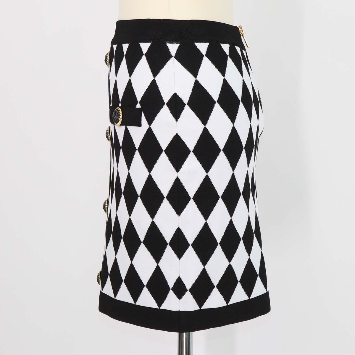 Balmain Black, White Blend Viscose Diamond Pattern Knit Mini Skirt