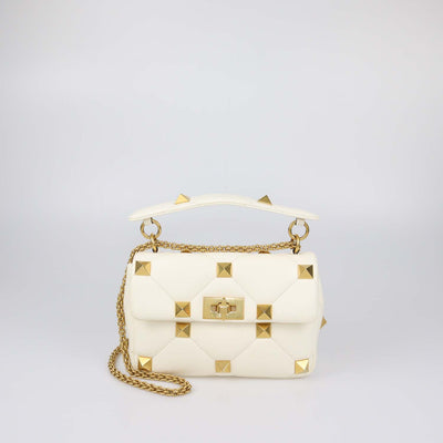 Valentino Off White Quilted Leather Medium Roman Stud Shoulder Bag