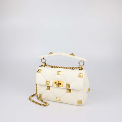 Valentino Off White Quilted Leather Medium Roman Stud Shoulder Bag