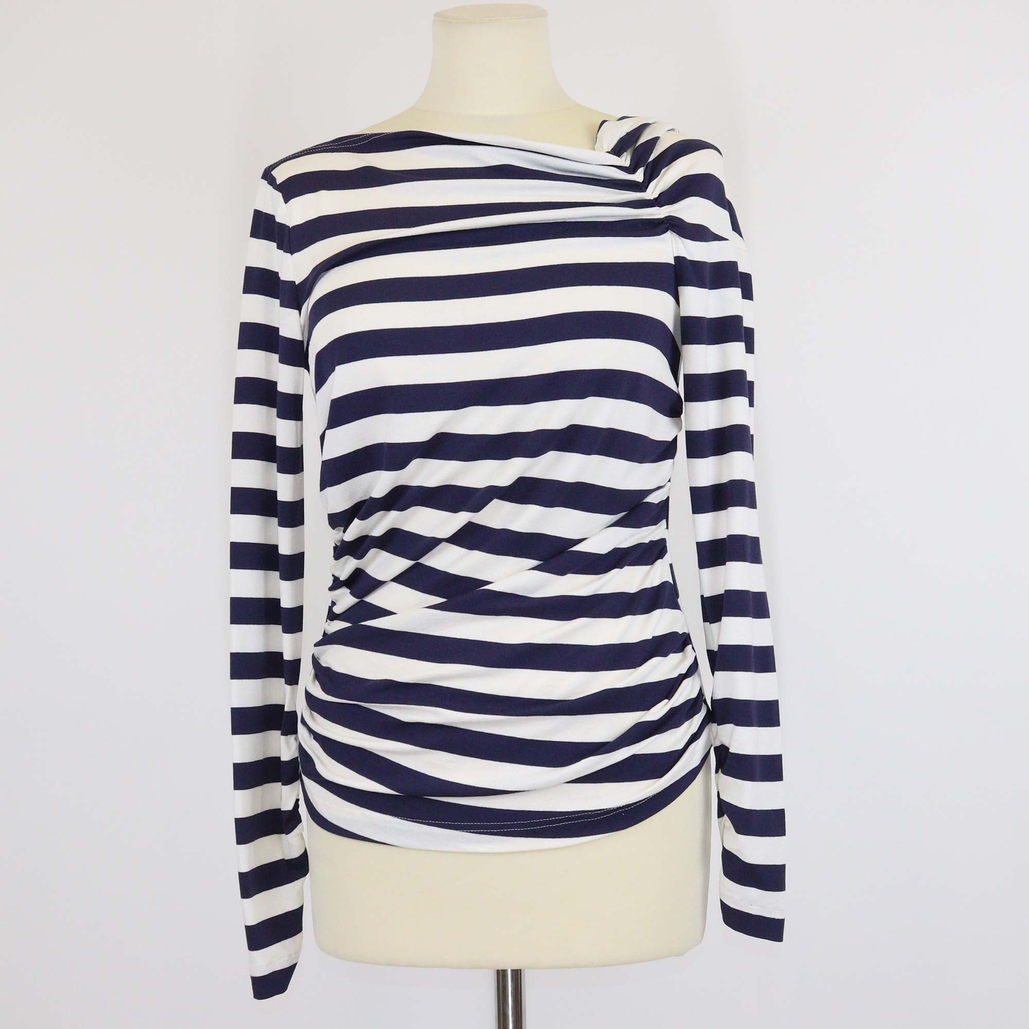 Maison Common White/Navy Blue Stripe Ruched Tee One Shoulder Top