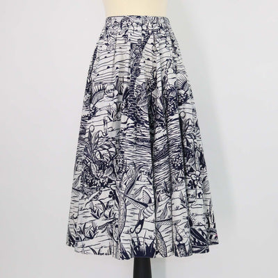 Christian Dior Navy Blue, Off White Cotton Printed Midi Skirt