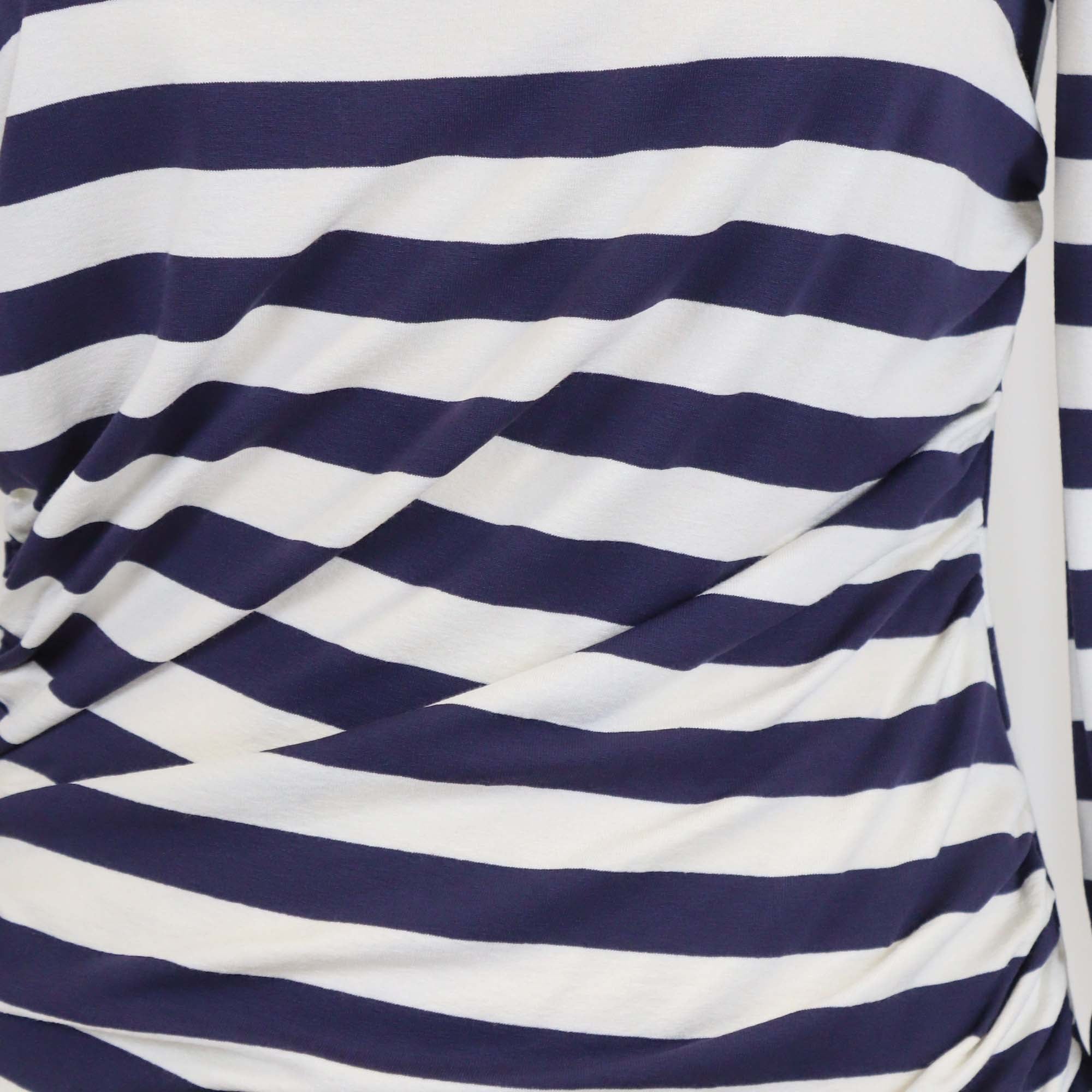 Maison Common White/Navy Blue Stripe Ruched Tee One Shoulder Top
