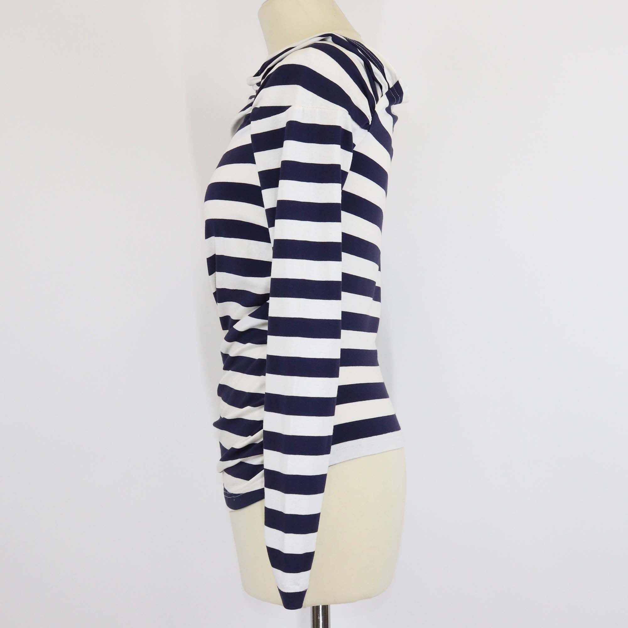 Maison Common White/Navy Blue Stripe Ruched Tee One Shoulder Top