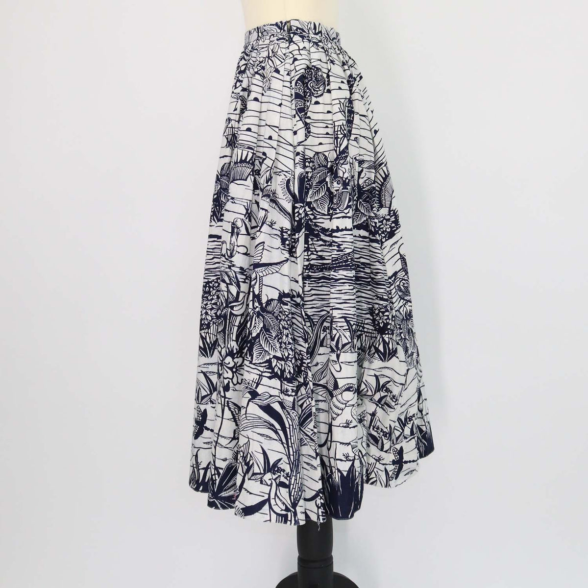 Christian Dior Navy Blue, Off White Cotton Printed Midi Skirt