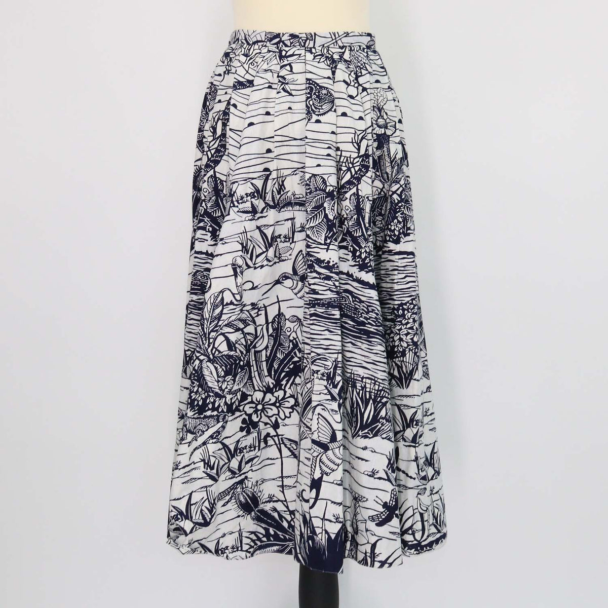 Christian Dior Navy Blue, Off White Cotton Printed Midi Skirt