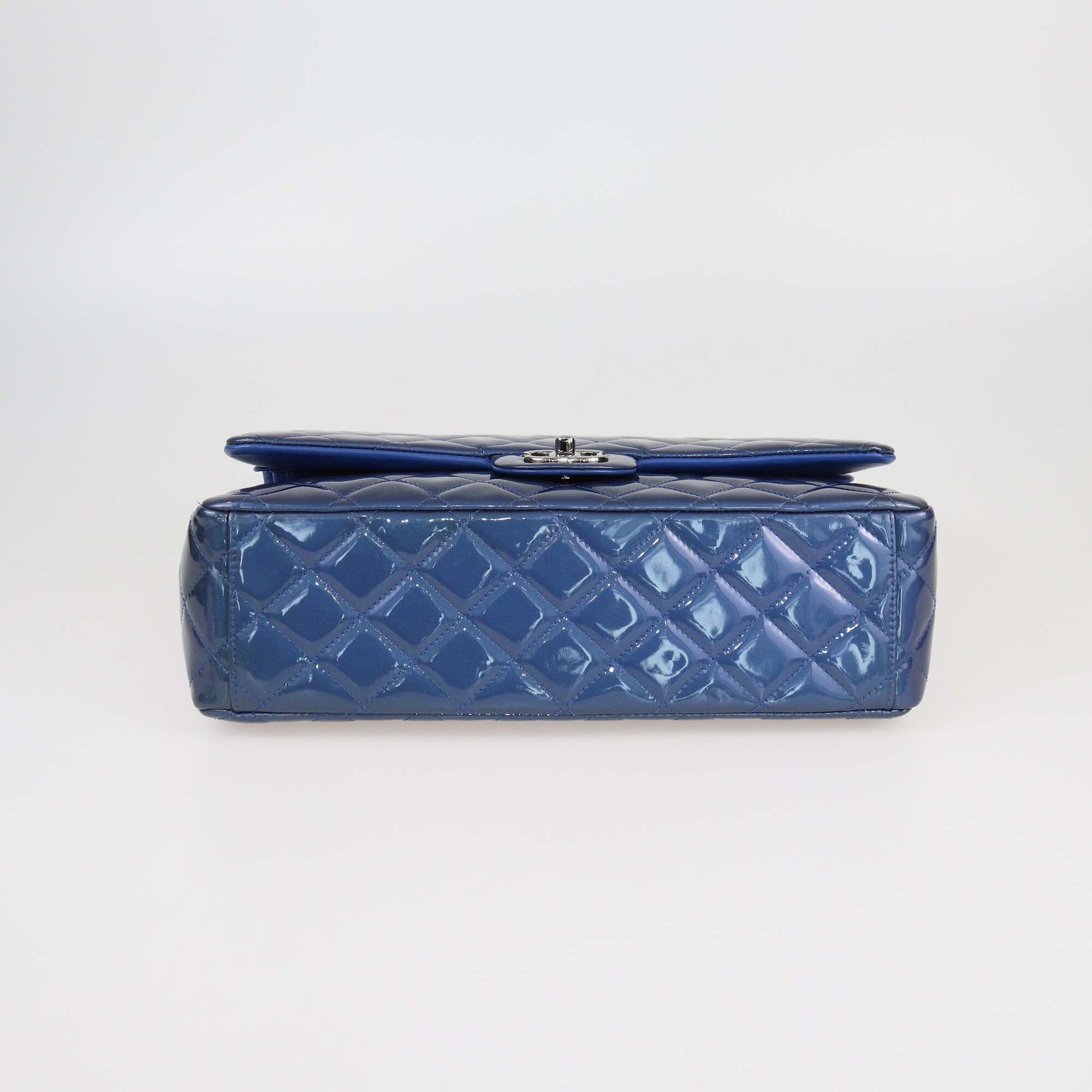 Chanel Navy Blue Quilted Patent Leather Maxi Classic Double Flap Bag Womens Chanel 