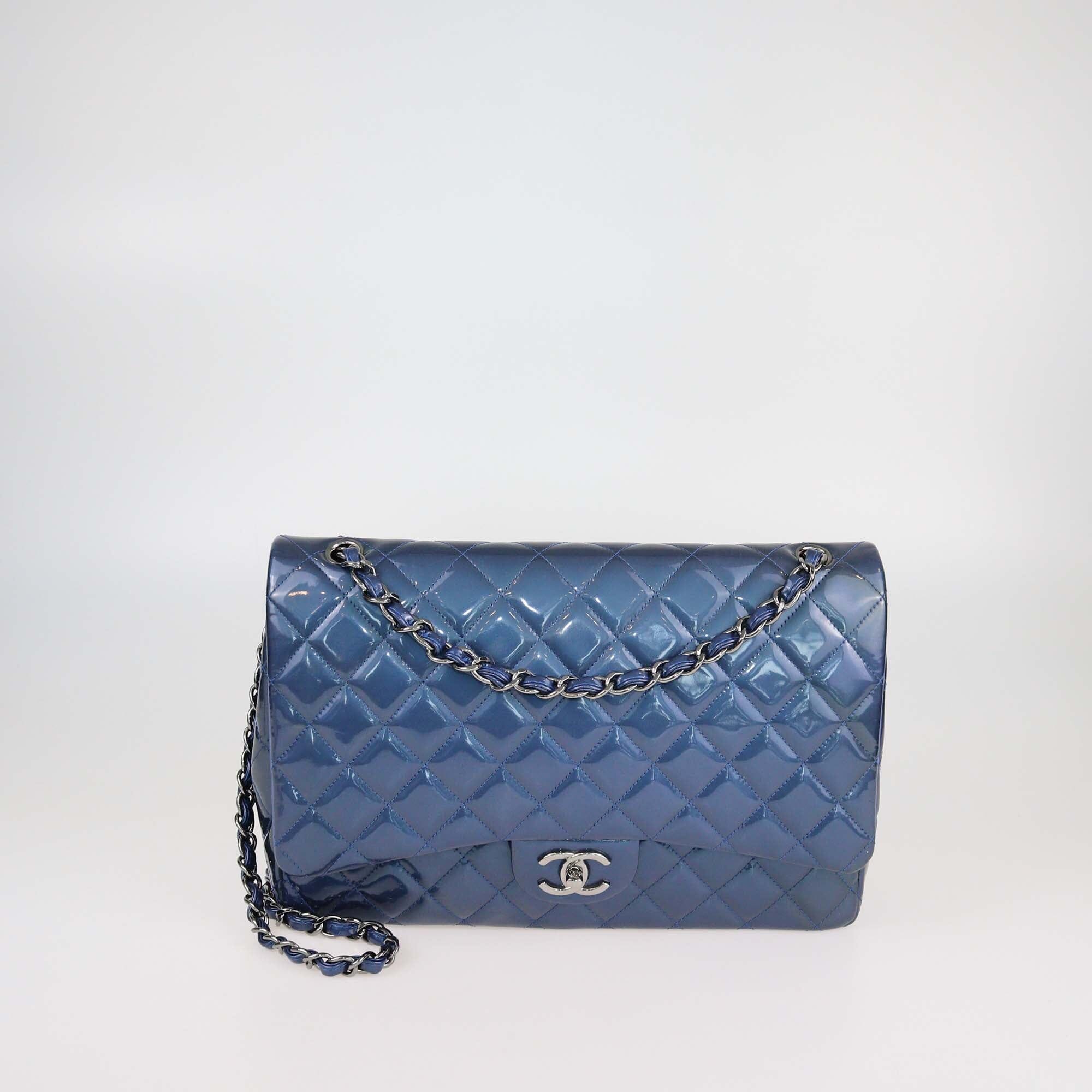 Chanel Navy Blue Quilted Patent Leather Maxi Classic Double Flap Bag Womens Chanel 