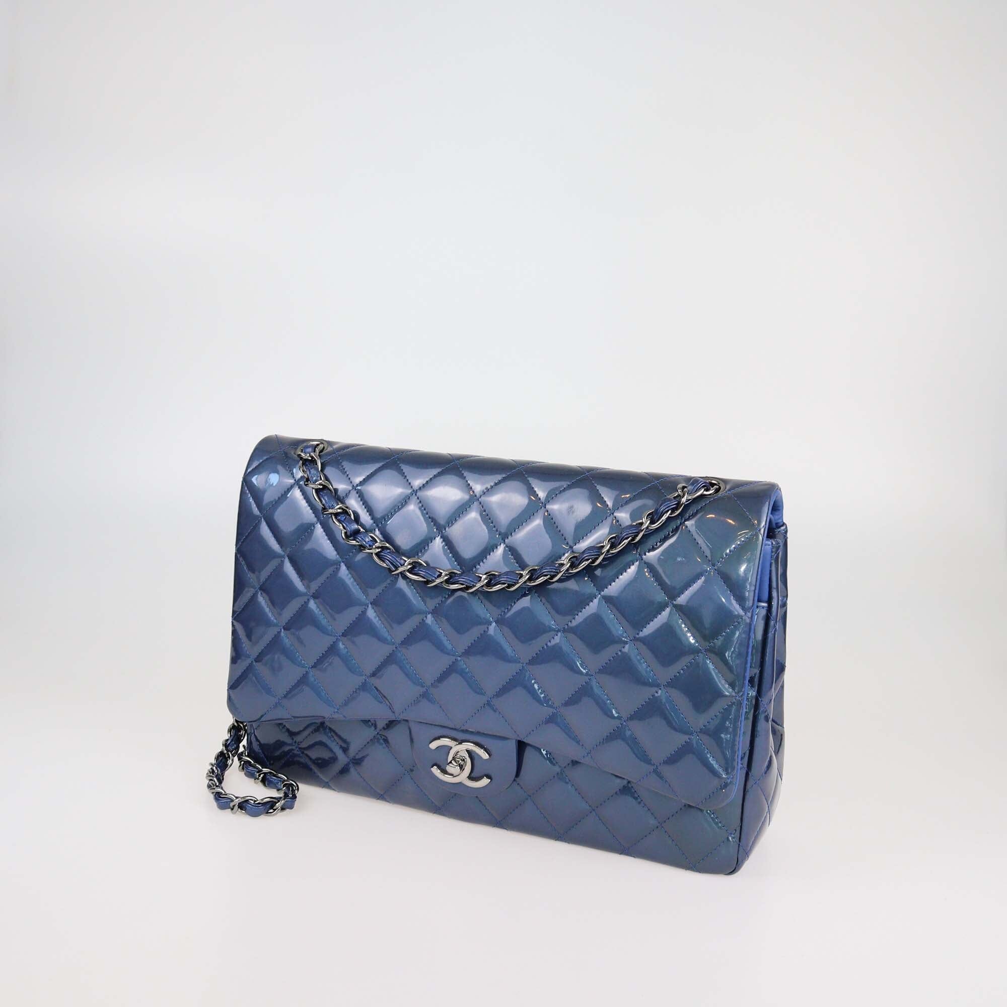 Chanel Navy Blue Quilted Patent Leather Maxi Classic Double Flap Bag Womens Chanel 