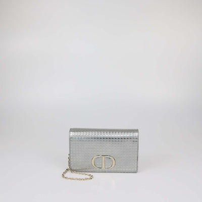 Christian Dior Metallic Grey Micro Cannage Patent Leather 2 in 1 30 Montaigne Pouch