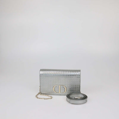 Christian Dior Metallic Grey Micro Cannage Patent Leather 2 in 1 30 Montaigne Pouch