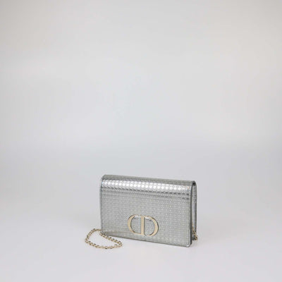 Christian Dior Metallic Grey Micro Cannage Patent Leather 2 in 1 30 Montaigne Pouch