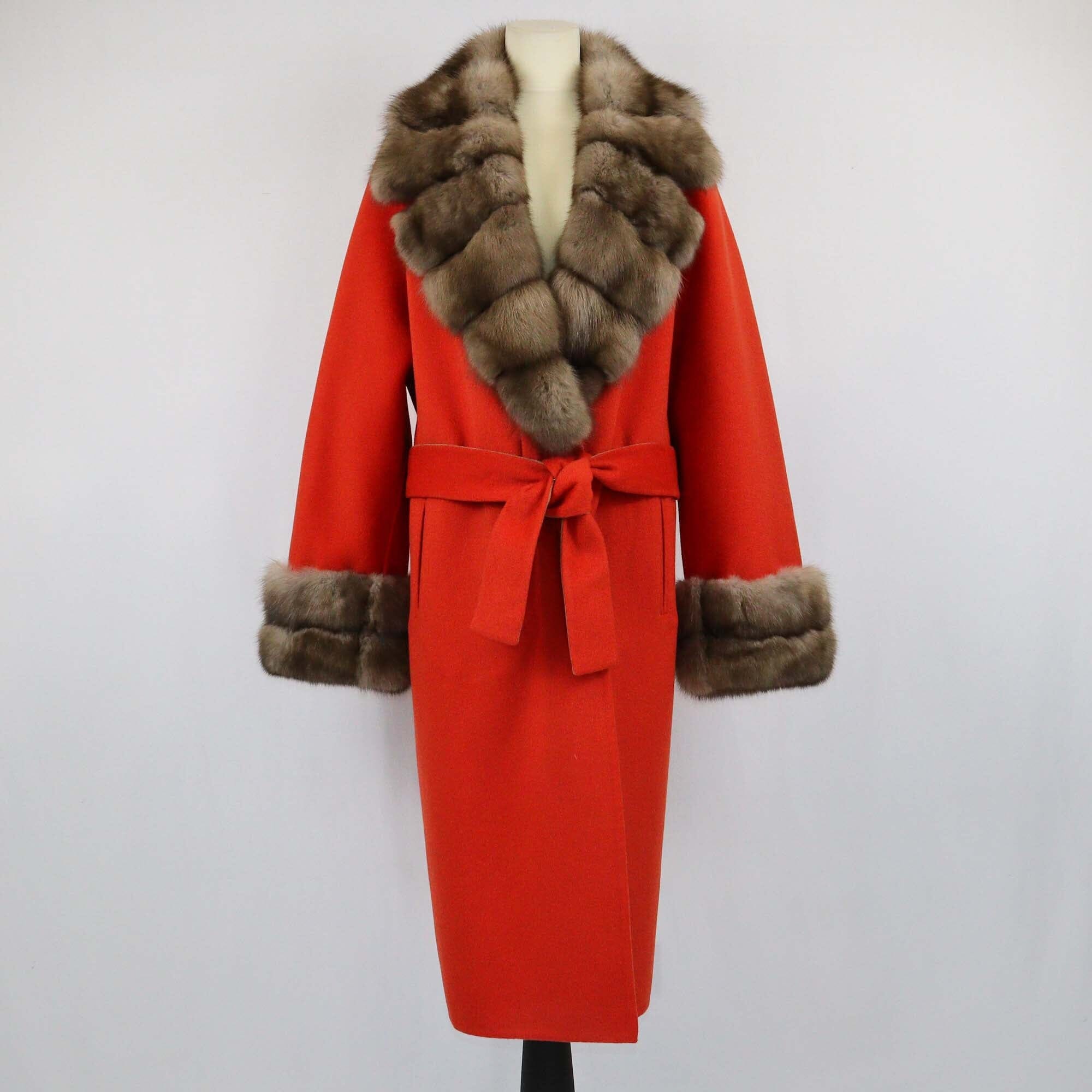 Adamo Orange Fur Trim Belted Maxi Coat Womens Adamo 