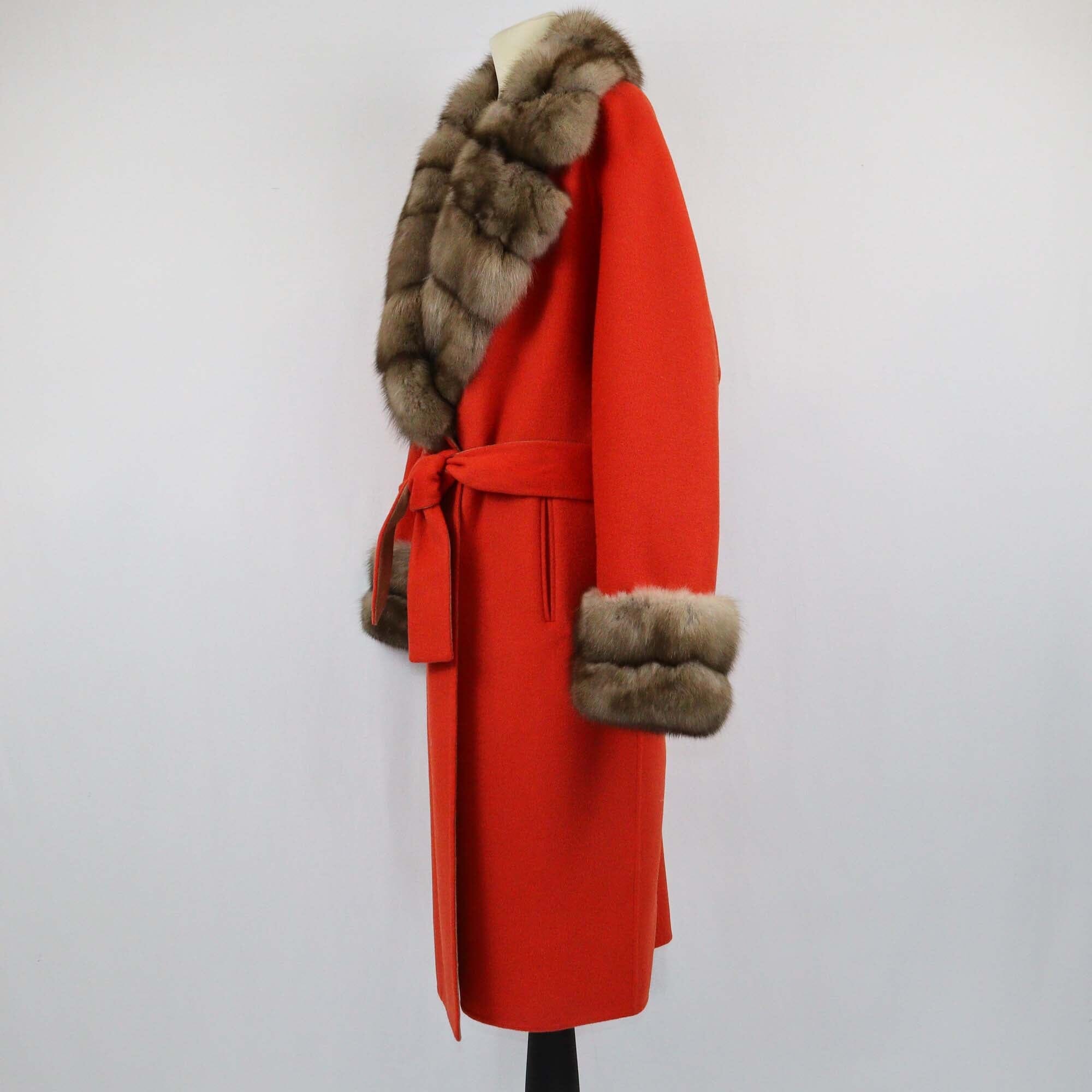 Adamo Orange Fur Trim Belted Maxi Coat Womens Adamo 