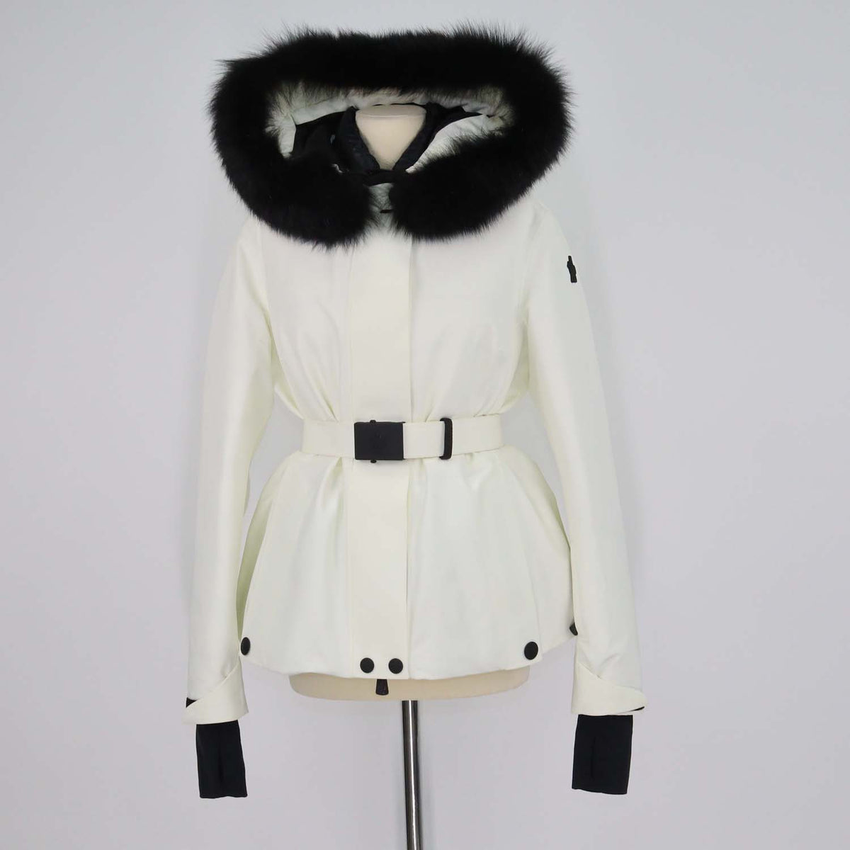 Moncler Off White Polyester Fur Trim Detachable Hood Belted Jacket