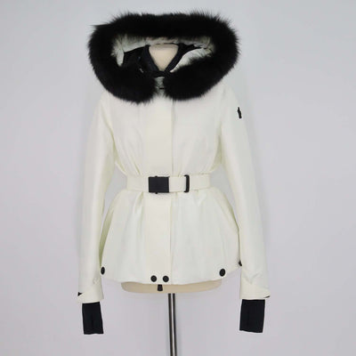 Moncler Off White Polyester Fur Trim Detachable Hood Belted Jacket