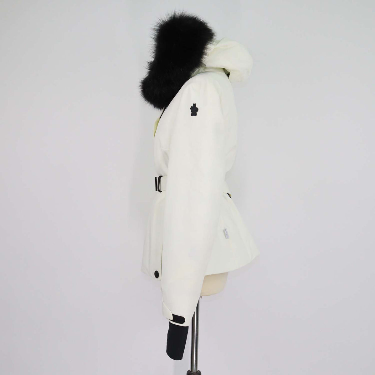 Moncler Off White Polyester Fur Trim Detachable Hood Belted Jacket