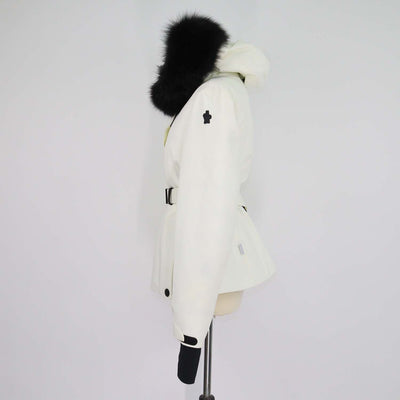 Moncler Off White Polyester Fur Trim Detachable Hood Belted Jacket