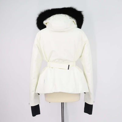 Moncler Off White Polyester Fur Trim Detachable Hood Belted Jacket