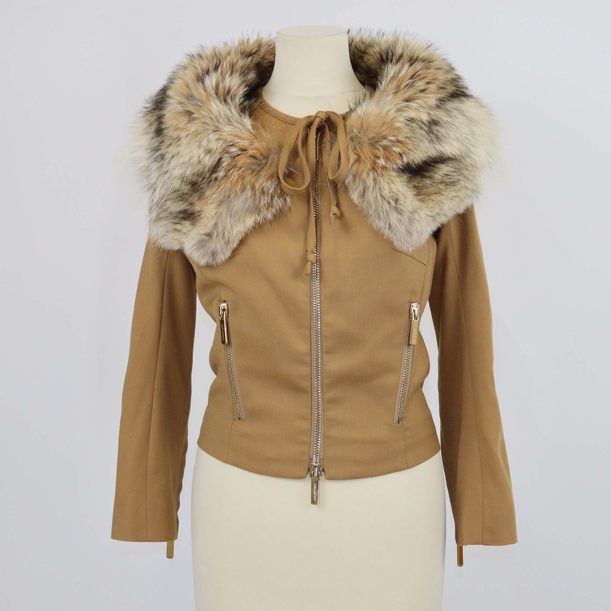 Dsquared2 Brown Blend Wool Double Zip Pocket Fur Collar Jacket