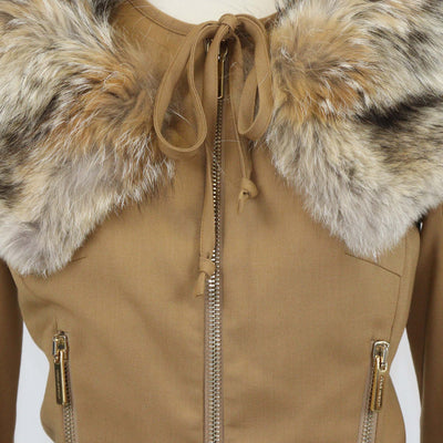 Dsquared2 Brown Blend Wool Double Zip Pocket Fur Collar Jacket