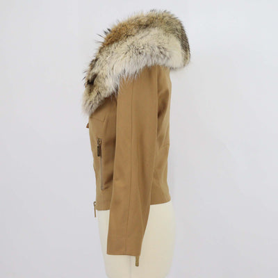 Dsquared2 Brown Blend Wool Double Zip Pocket Fur Collar Jacket