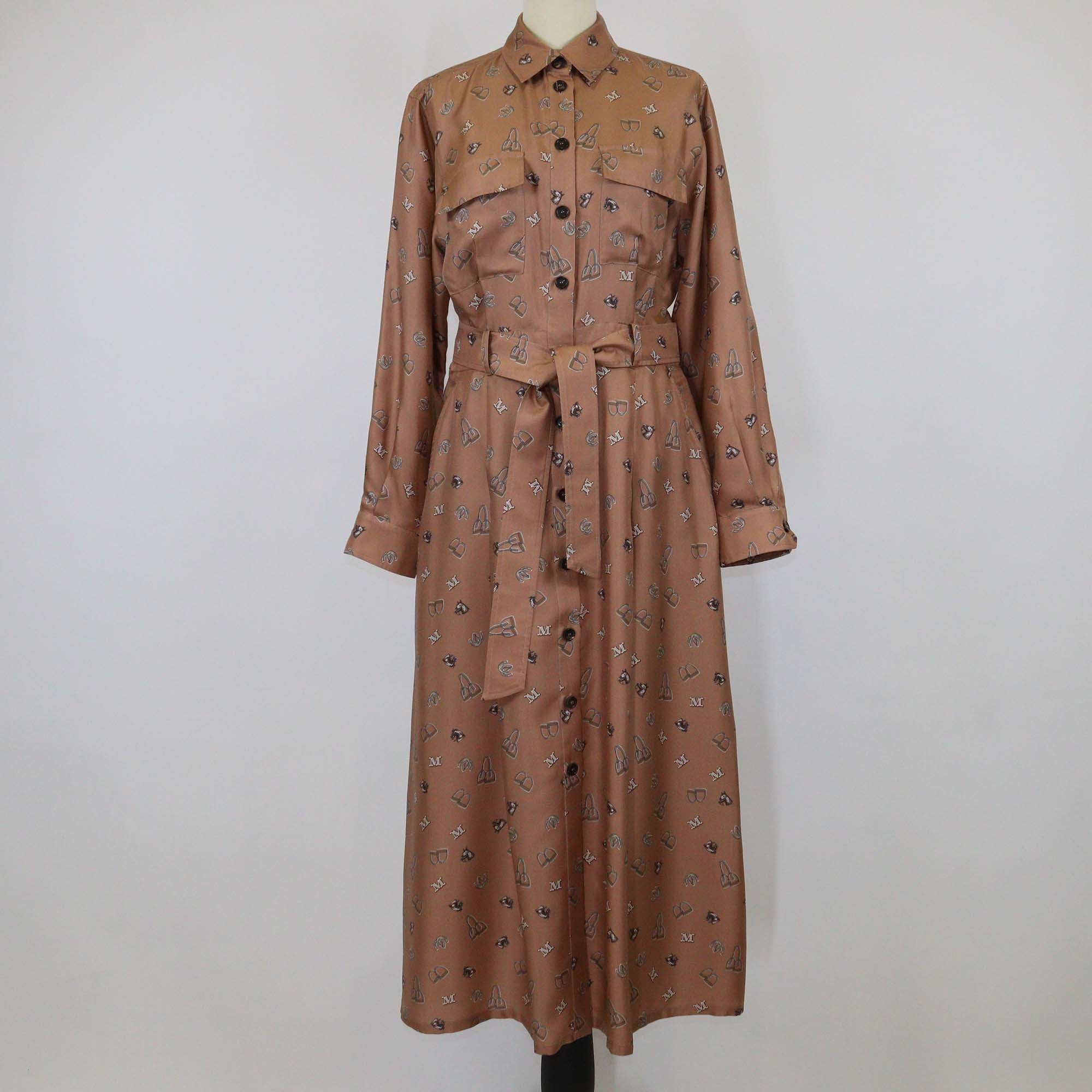 Max Mara Brown Printed Silk Paste Belted Midi Dress