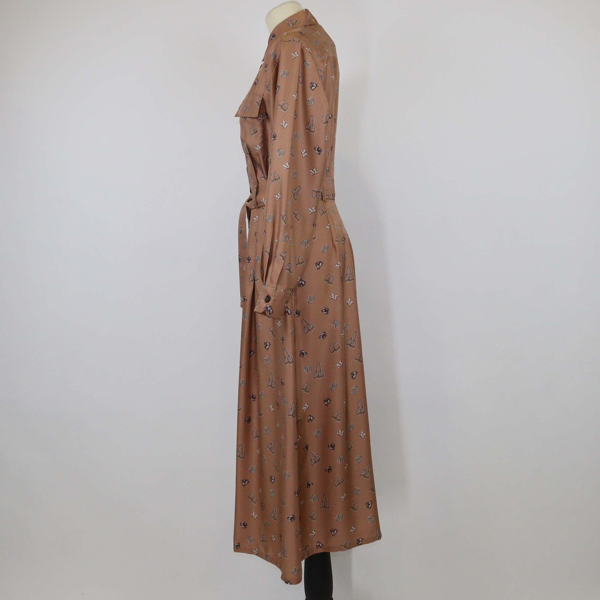 Max Mara Brown Printed Silk Paste Belted Midi Dress