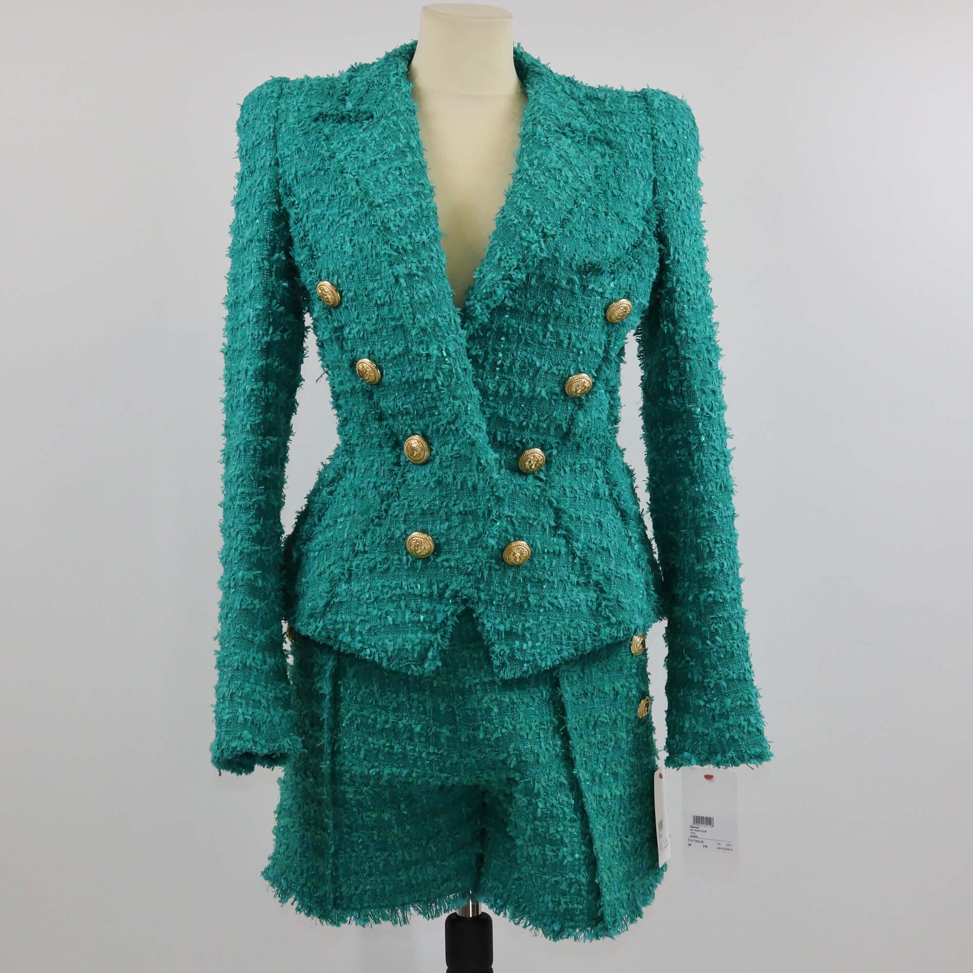 Balmain Green Double Breasted Tweed Blazer & Short Set Womens Balmain 