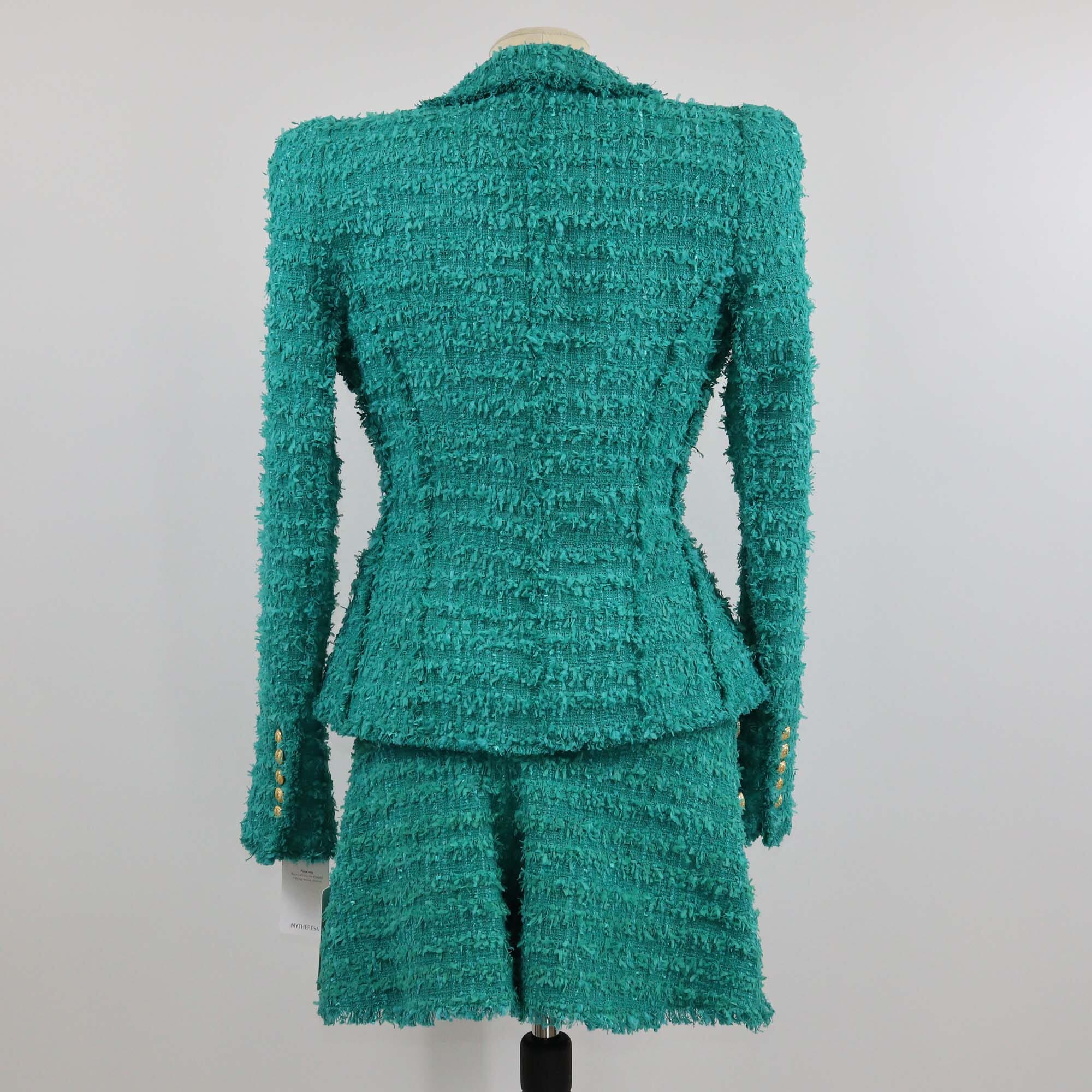 Balmain Green Double Breasted Tweed Blazer & Short Set Womens Balmain 