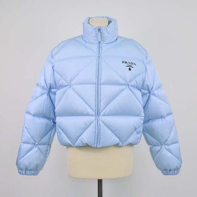 Prada Light Blue Quilted Re-Nylon Puffer Cropped Down Jacket