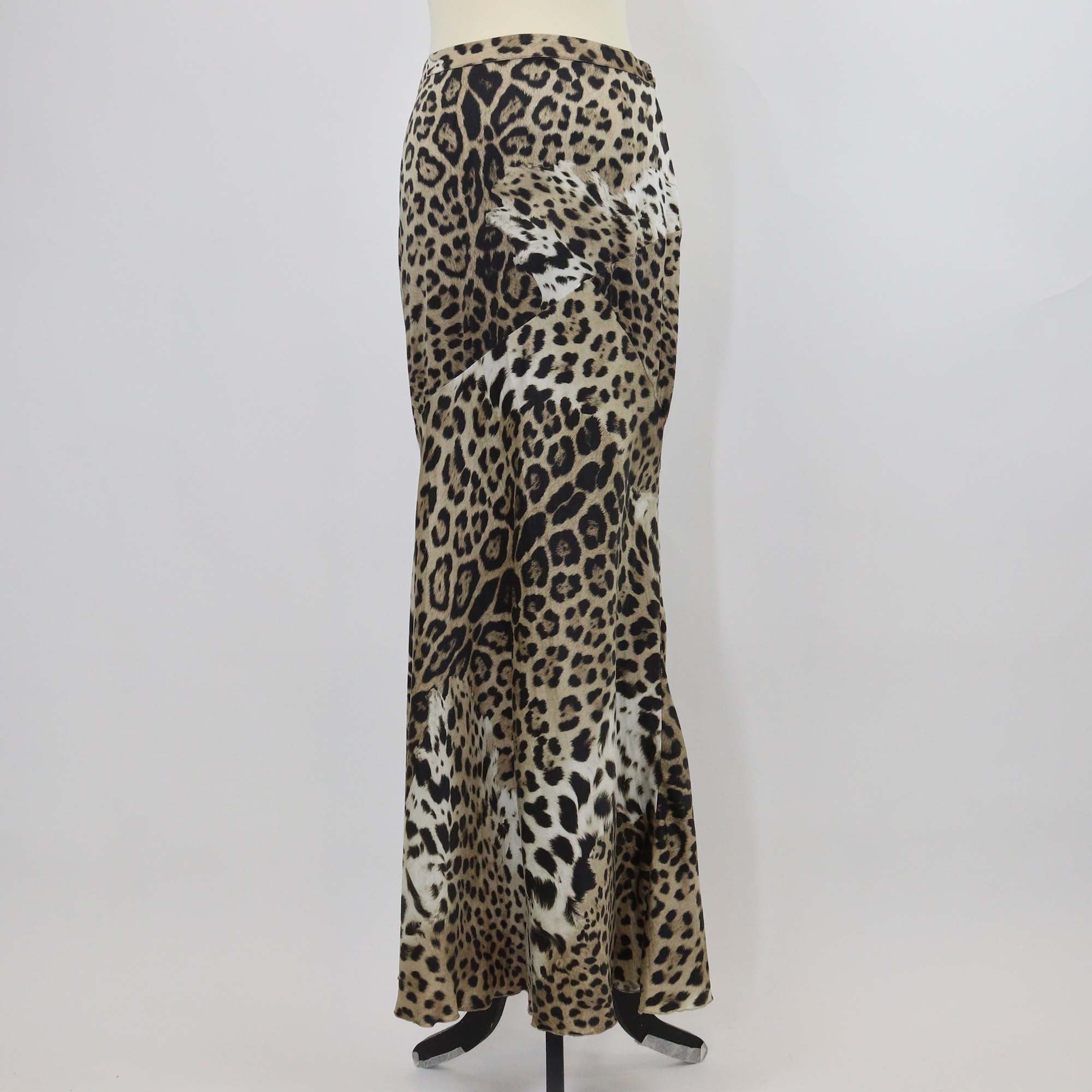 Roberto Cavalli Brown/Black Silk Leopard Print Flared Maxi Skirt