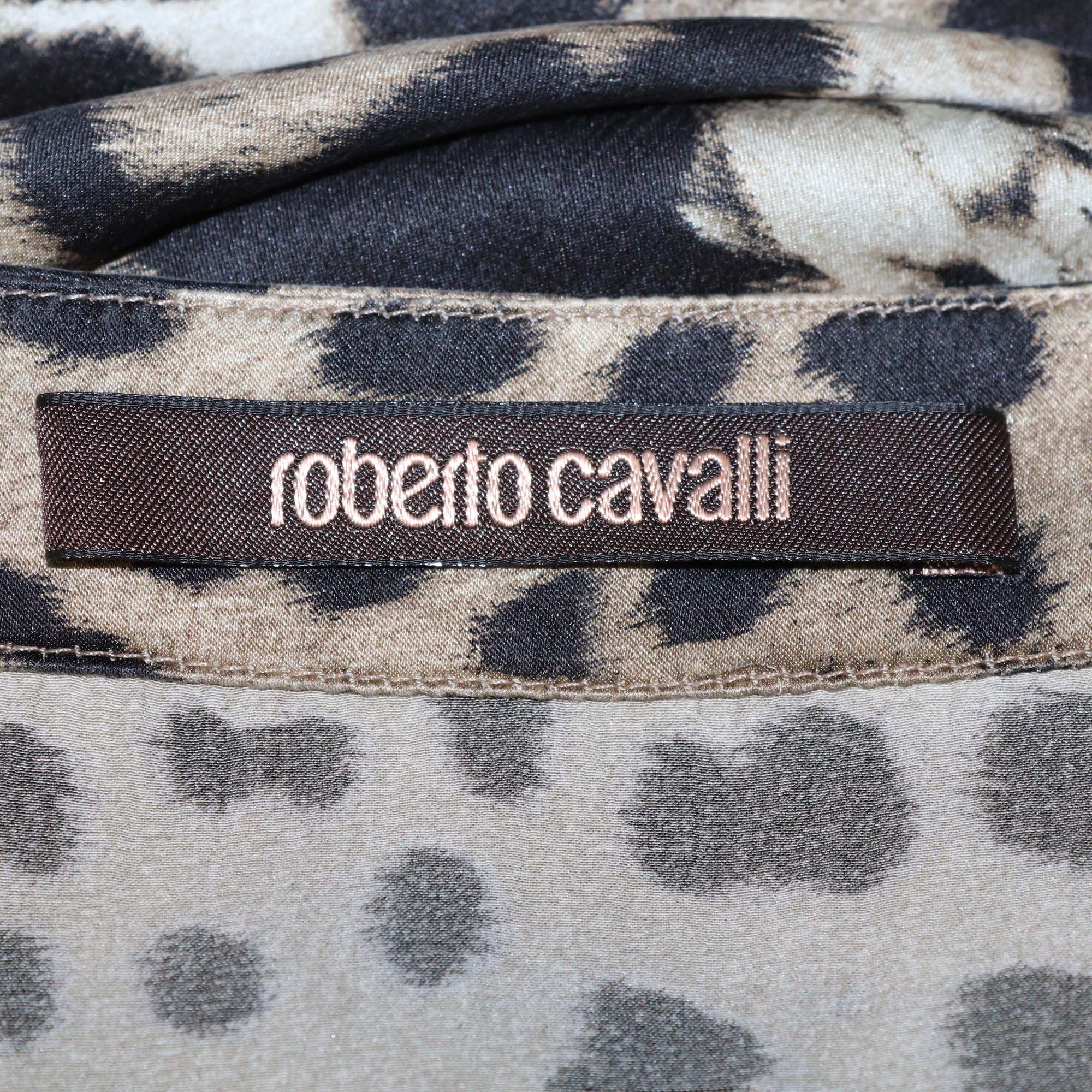 Roberto Cavalli Brown/Black Silk Leopard Print Flared Maxi Skirt