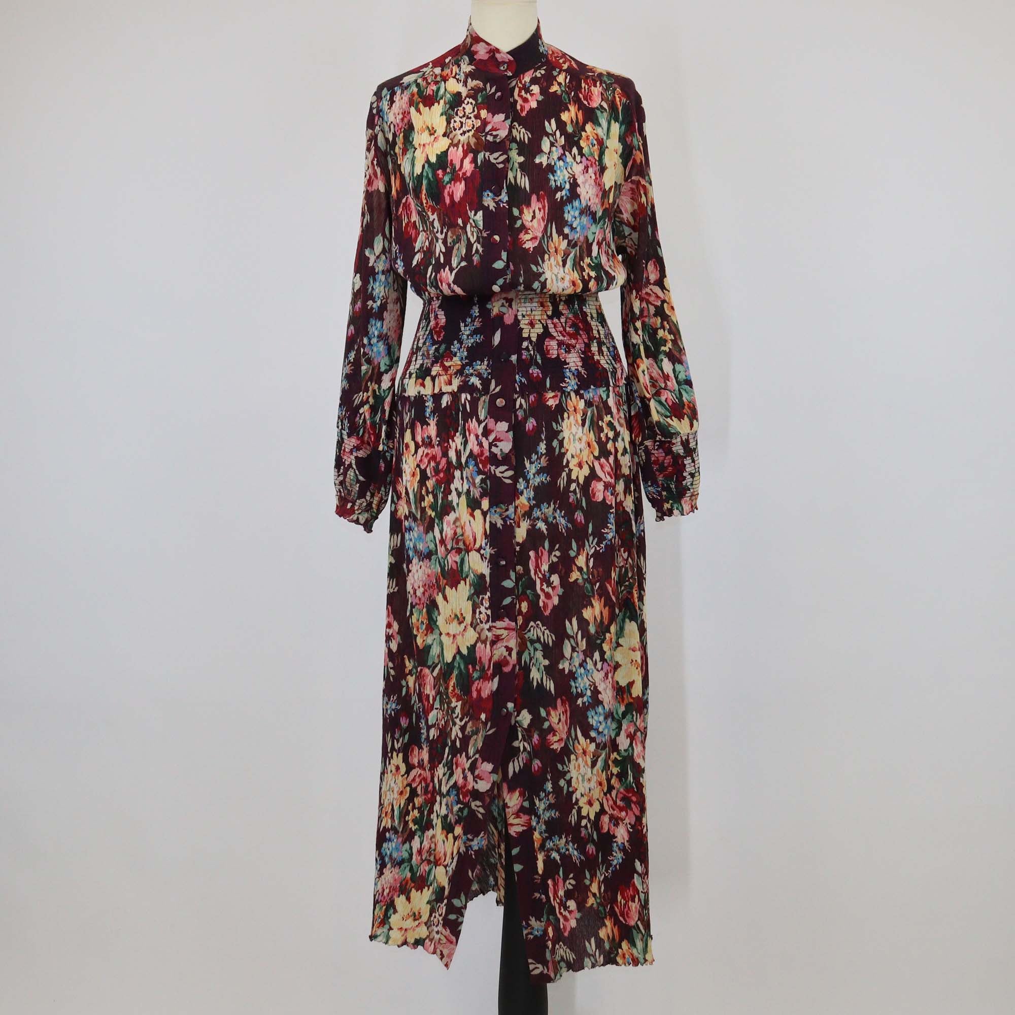 Zimmermann Burgundy/Multicolor Cotton & Silk Floral Print Shirred Maxi Dress