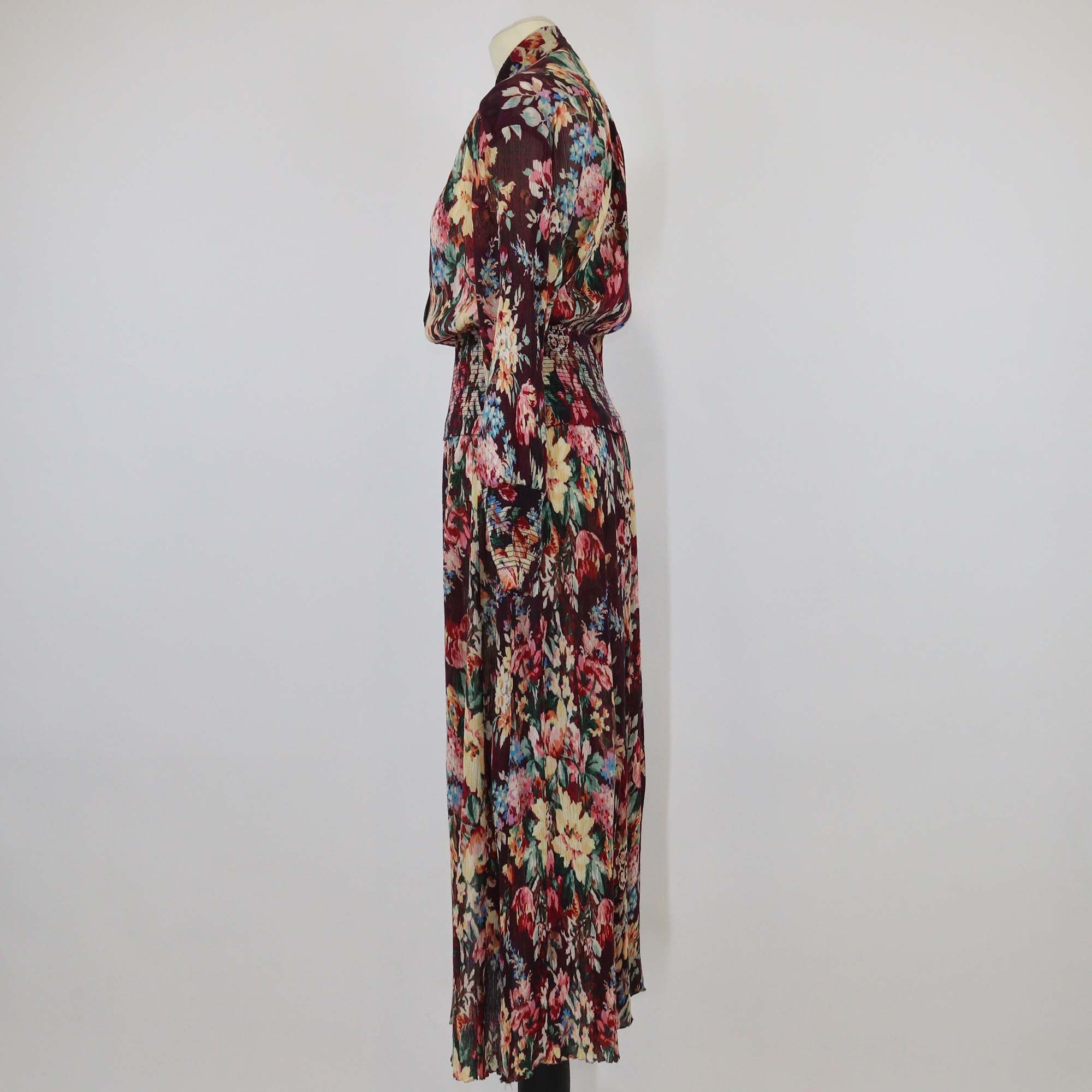 Zimmermann Burgundy/Multicolor Cotton & Silk Floral Print Shirred Maxi Dress