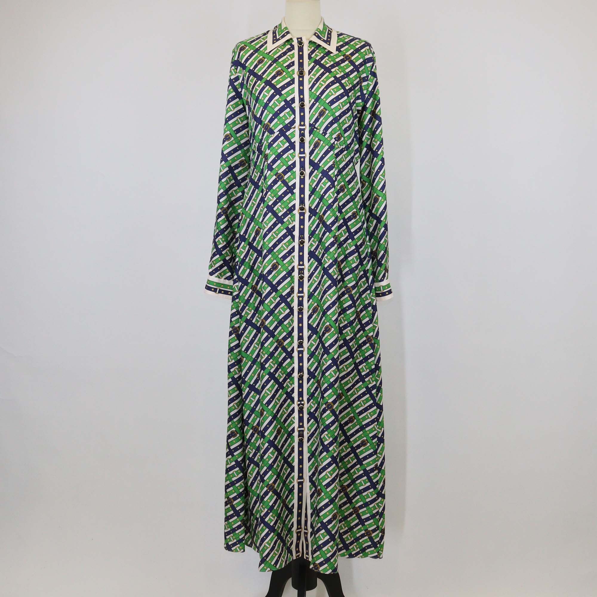 Gucci Multicolor Silk Diagonal Belt Print Long Sleeve Maxi Dress