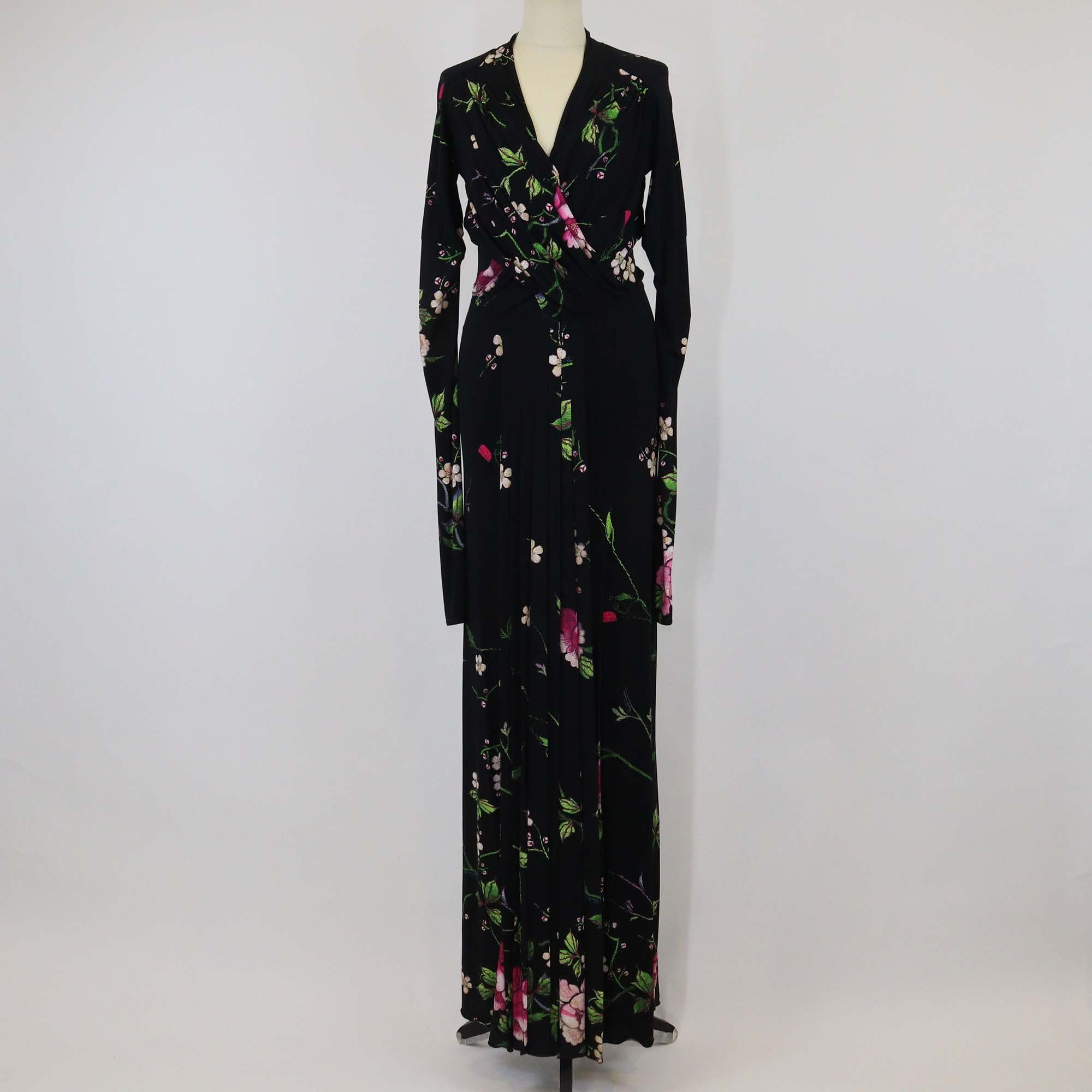 Roberto Cavalli Black/Multicolor Viscose Floral Print Long Sleeve Crepe Maxi Dress