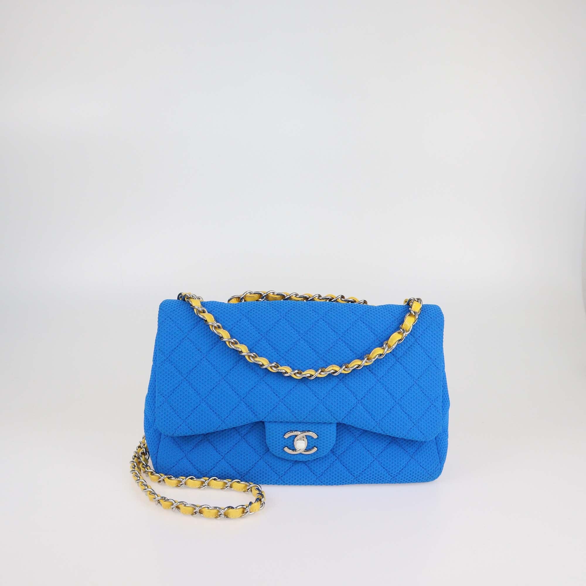 Chanel Blue/Yellow Blue Quilted Perforated Jersey Jumbo Classic Single Flap Bag Womens Chanel 