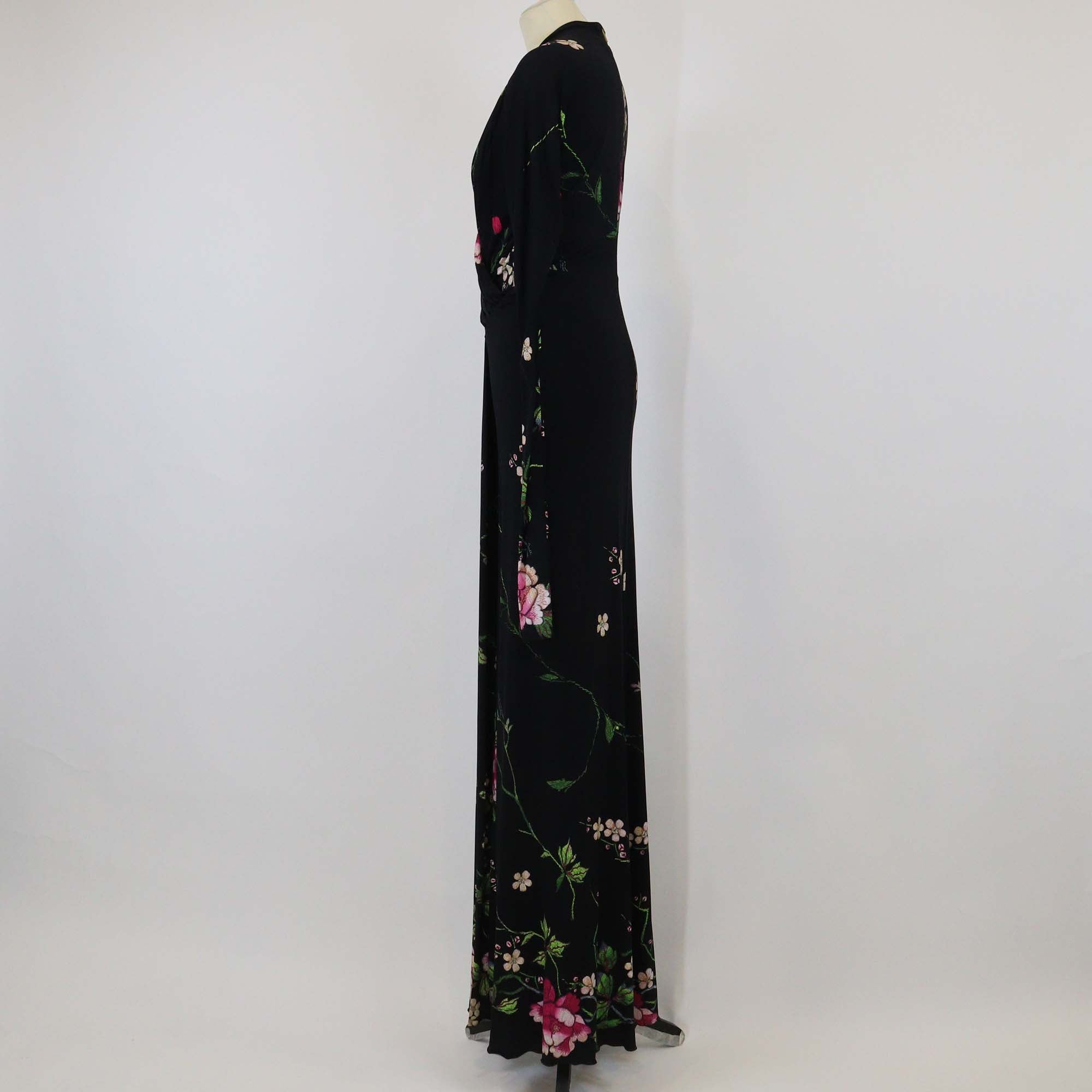 Roberto Cavalli Black/Multicolor Viscose Floral Print Long Sleeve Crepe Maxi Dress